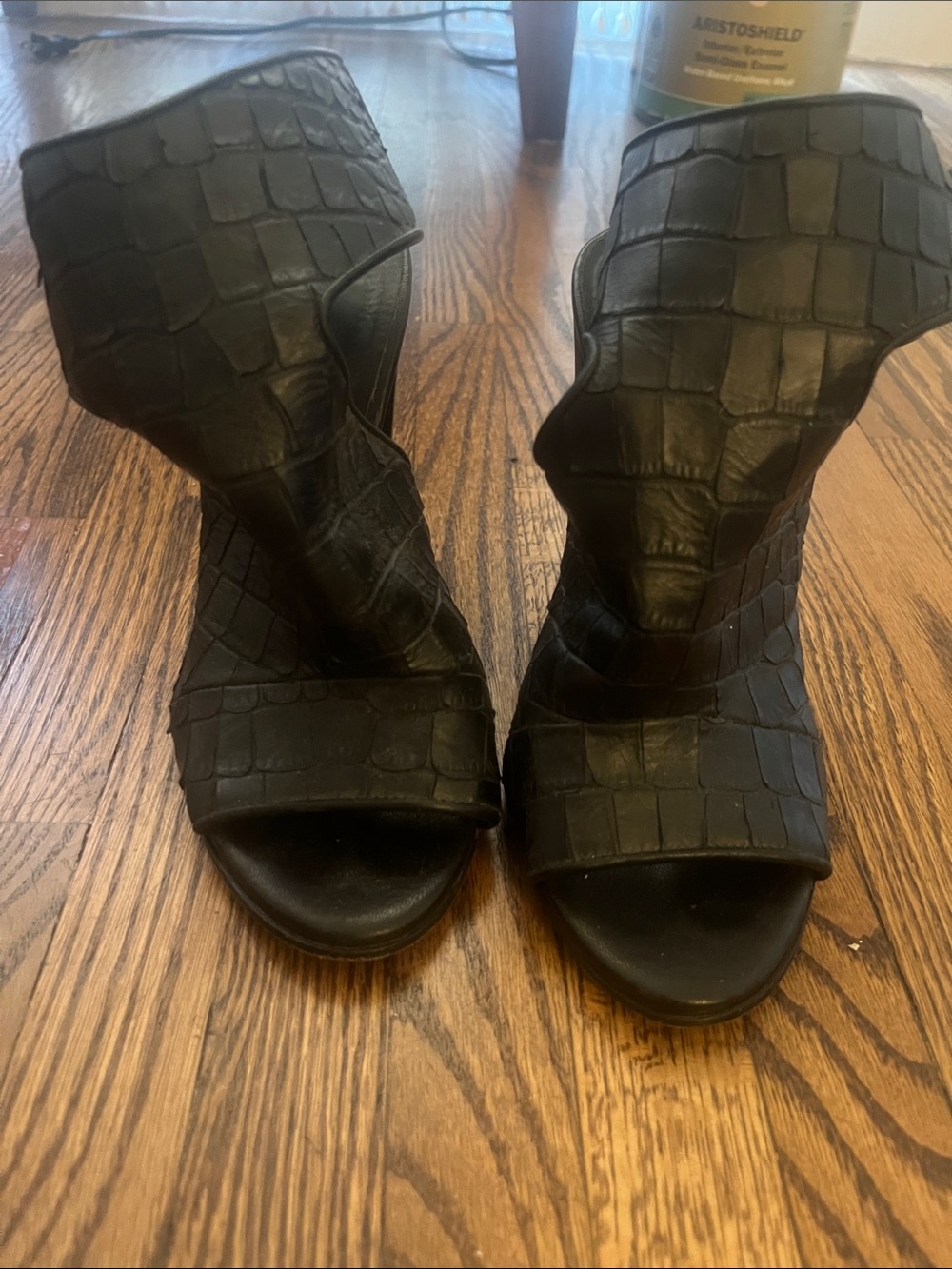 Vince Black Croc-Embossed Open-Toe Heels